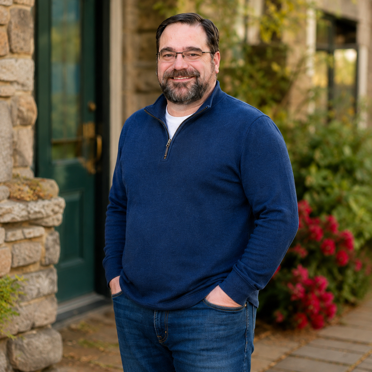 Jon Sargent outdoors in a blue sweater